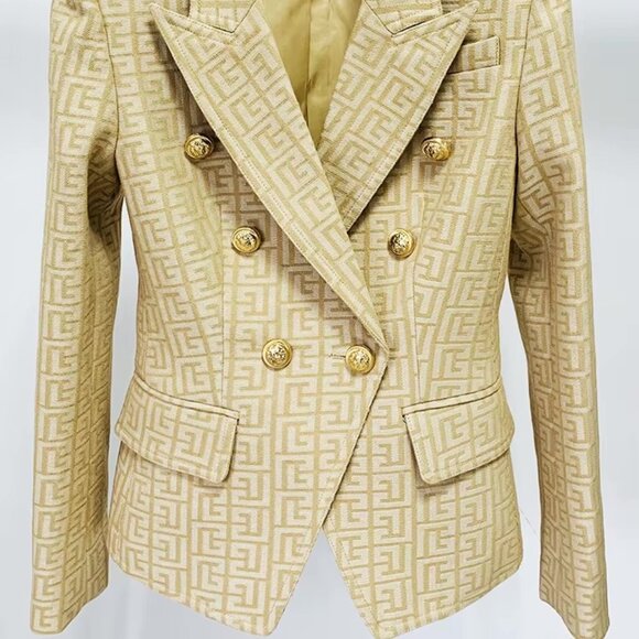 NEW! Khaki Jacquard Gold Button Geo Detail Blazer Jacket - Picture 8 of 8